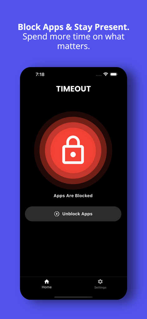 Smartphone screen showing the Timeout app with a large red lock icon and text stating apps are blocked to help stay present