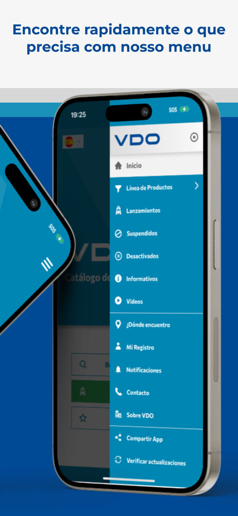 Smartphone zeigt das Navigationsmenü der VDO Catálogo App mit Produktkategorien und Suchoptionen