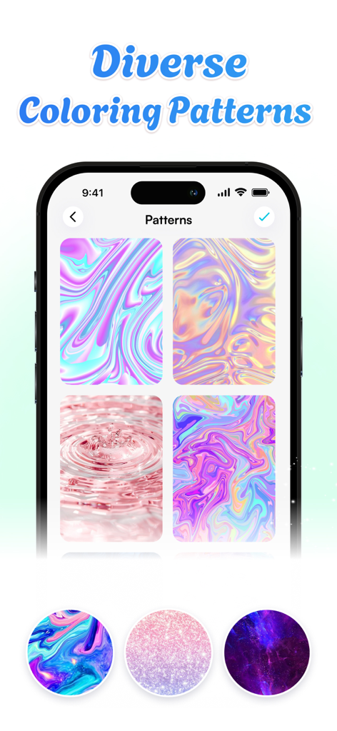 Corly: Color Picker Relax - 무지개 빛 소용돌이와 반짝이는 물결을 포함한 다양한 미적 컬러링 패턴을 표시하는 모바일 앱 인터페이스