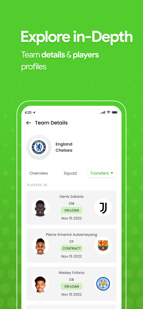 Schermata dello smartphone che mostra i dettagli della squadra del Chelsea e i profili dei giocatori trasferiti nell'app Football Live Tv Score.