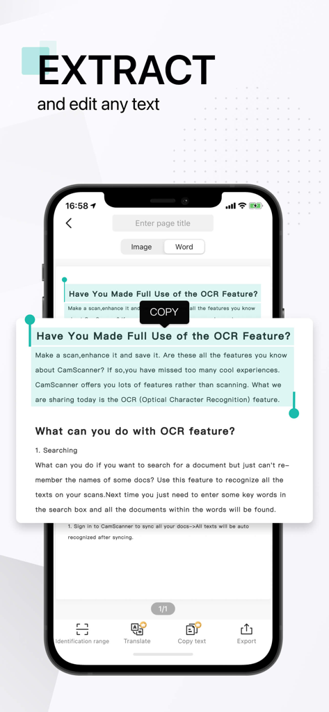 CamScanner + | OCR Scanner - Una pantalla de smartphone mostrando la función OCR de la aplicación CamScanner extrayendo y copiando texto de un documento escaneado.