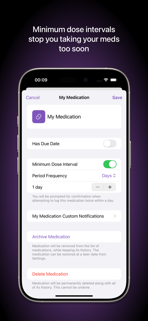 Capsule — Medication Tracker - Capsule app settings screen showing the minimum dose interval feature to prevent taking medication too soon.