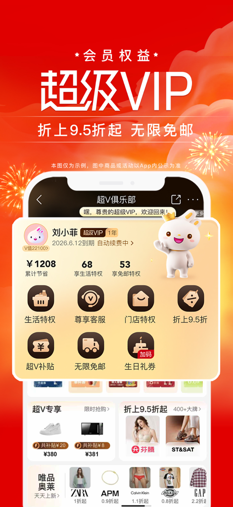 Painel de associação Super VIP da Vipshop mostrando economias, vantagens de estilo de vida e descontos exclusivos de marcas.