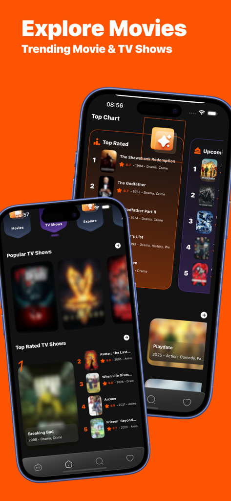 Cineby – Movies Quest - Captura de tela do aplicativo Cineby apresentando listas selecionadas de filmes em alta e séries de TV com as melhores avaliações em dispositivos móveis