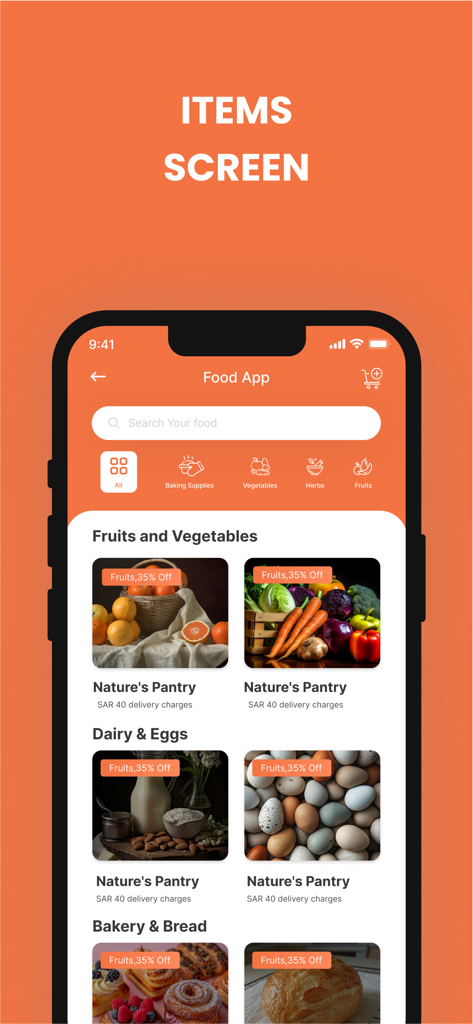 Catch-App-Oberfläche zeigt Lebensmittelkategorien wie Obst und Gemüse mit Rabattangeboten