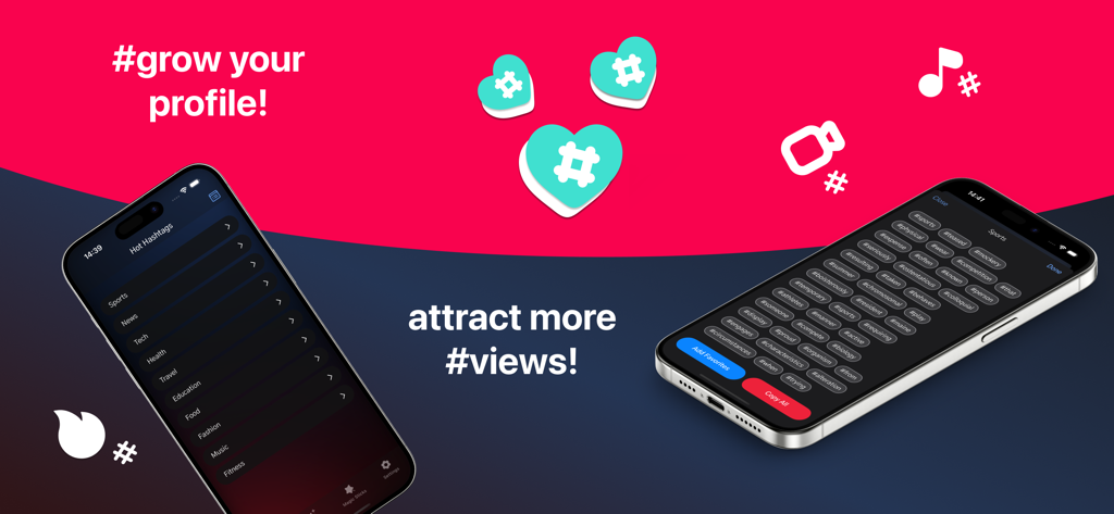 Tik Tagly - Tok Followers tags - Interface do aplicativo Tik Tagly mostrando categorias de hashtags populares e uma lista de hashtags em alta para crescer perfis de mídia social e atrair visualizações.