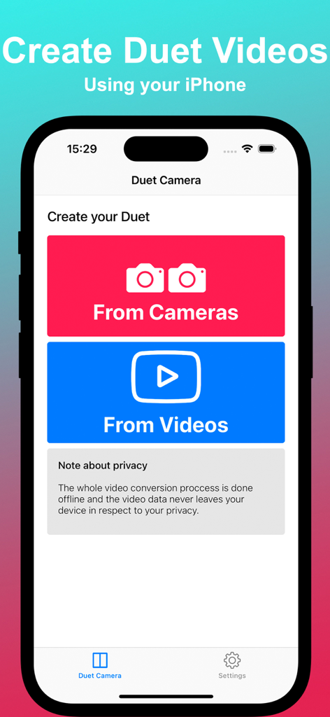 Main menu of the Duet Camera app on an iPhone showing options to create side-by-side videos from live cameras or existing files