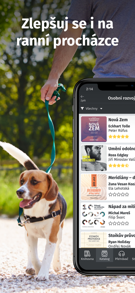 Audiolibrix - Audioknihy - A person walking a dog with the Audiolibrix app displaying a list of Czech personal development audiobooks on a smartphone screen.