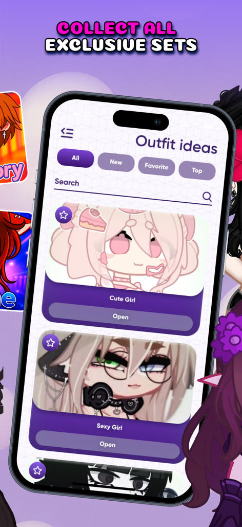 Mobile app interface showing exclusive character outfit ideas and mods for Gacha Nebula and Nox.
