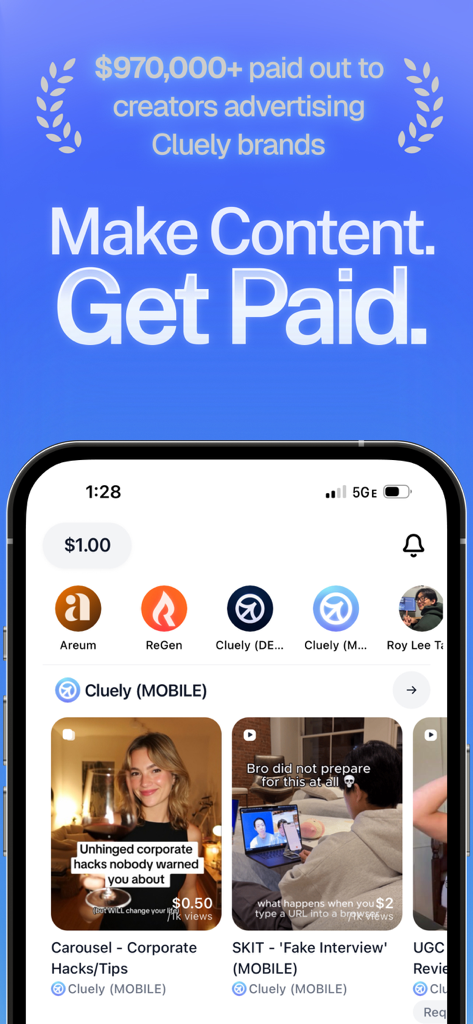 Bounty: Make Content, Get Paid - A mobile app interface for creators titled Make Content Get Paid, featuring active content bounties and total payouts of over 970000 dollars.