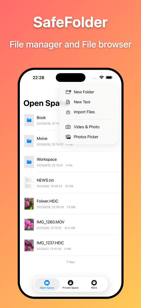SafeFolder - File Manager - SafeFolder app interface showing organized files and folders with a menu for importing new media and documents.