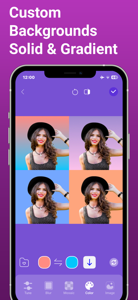 BeautyTune - Blemish Remover - Interfaz de la aplicación BeautyTune mostrando opciones de fondo personalizado liso y degradado para una foto de retrato.