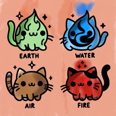 4 cats that represent the different elements, earth, water, air, and fire