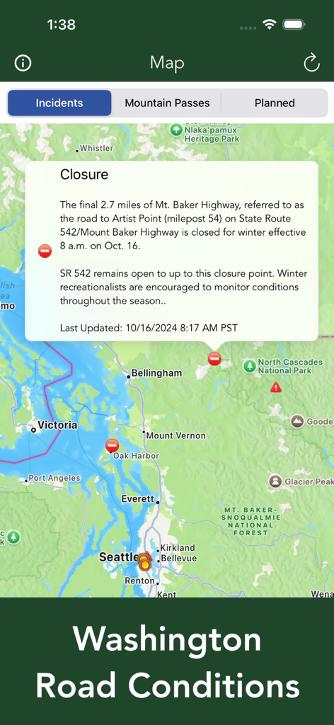 Washington Road Conditions - A map of Washington state in the app showing a road closure alert for Mt Baker Highway during winter