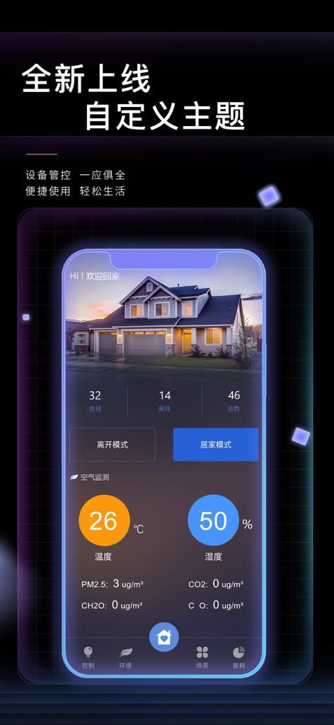 Interfaz de la aplicación WeControl para la gestión del hogar inteligente y la monitorización ambiental