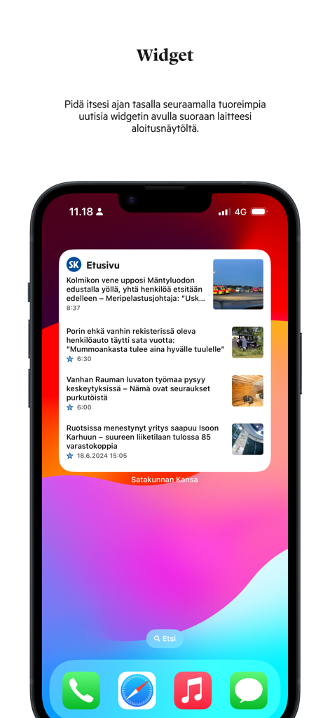 Uno smartphone che mostra il widget delle notizie di Satakunnan Kansa sulla sua schermata iniziale con titoli di notizie locali finlandesi
