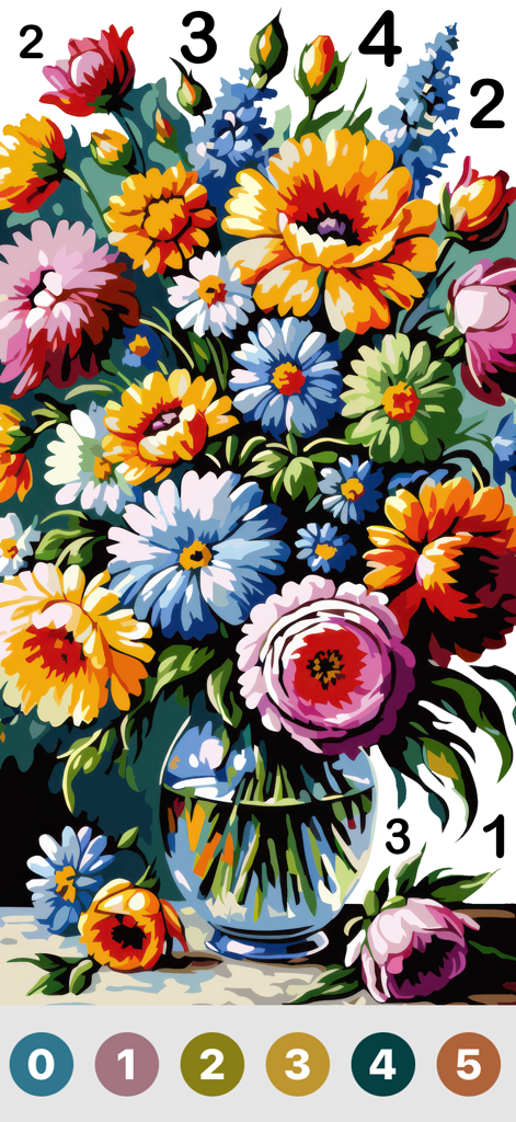 Oil Painting : Color By Number - A floral bouquet in a vase within a digital oil painting color by number interface