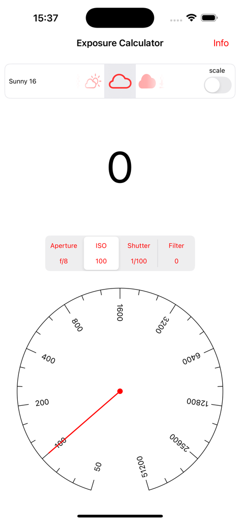 Exposure Equivalence - Belichtungsgleichwertigkeits-App-Oberfläche, die ein ISO-Auswahlrad und Sunny 16-Lichtbedingungen zeigt