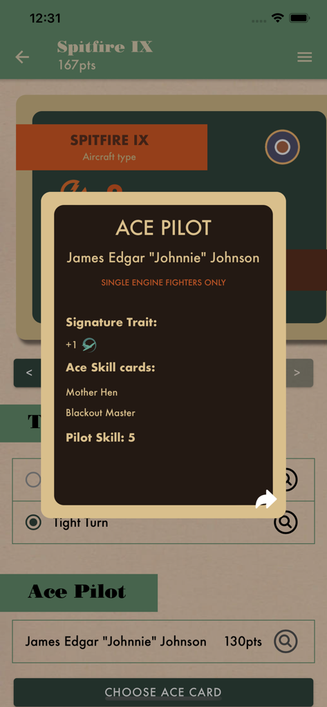 Ace Pilot statistics and skill cards for Spitfire IX in the Warlord Games List Builder app.
