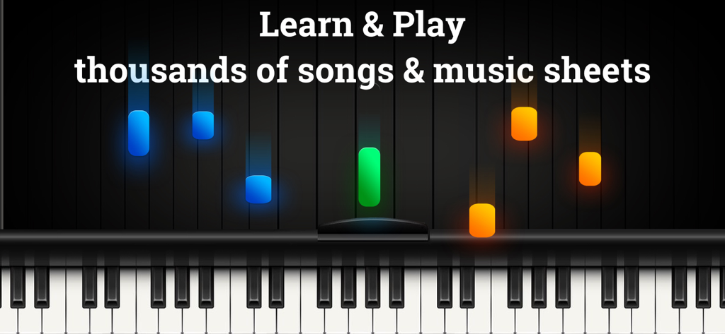 Piano - Play any song & sheets - Digital piano keyboard with falling colored notes representing a music learning lesson