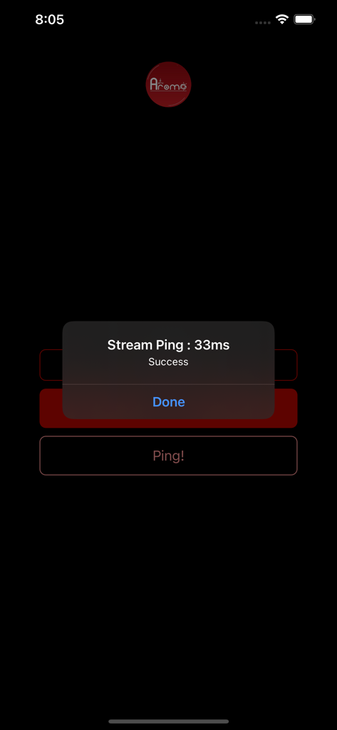 Aroma Red Player - Interface do aplicativo Aroma Red Player exibindo um resultado de teste de ping de stream bem-sucedido de 33ms