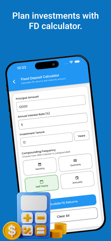 All In One Calculators - Interfaz de aplicación móvil para una calculadora de depósitos a plazo fijo para planificar inversiones con campos de importe principal y tasa de interés.