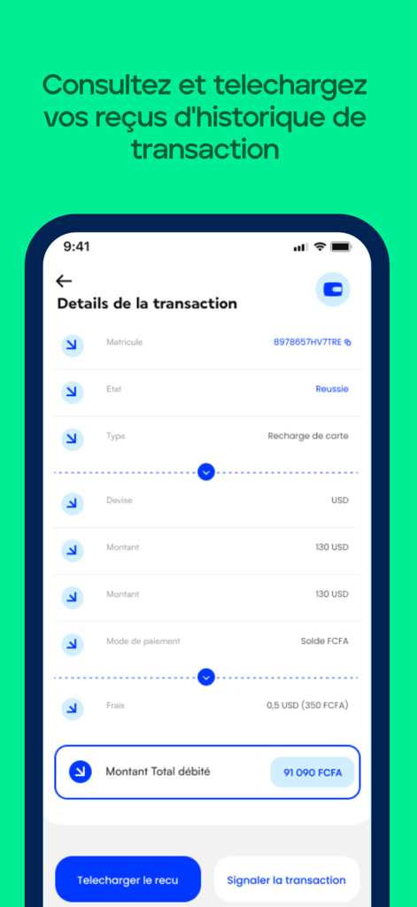 Monix - Cartes Bancaires - Interface of the Monix app displaying successful transaction details for a virtual card top up with a download receipt button