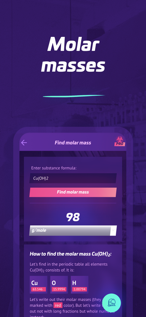 Chemistry AI· - Chemistry AI app interface showing the molar mass calculation for Cu(OH)2 with step-by-step elements breakdown.