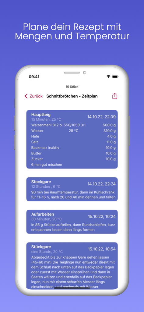 Interface mobile de Back App montrant un planning de cuisson de pain détaillé avec les poids des ingrédients et les étapes de fermentation