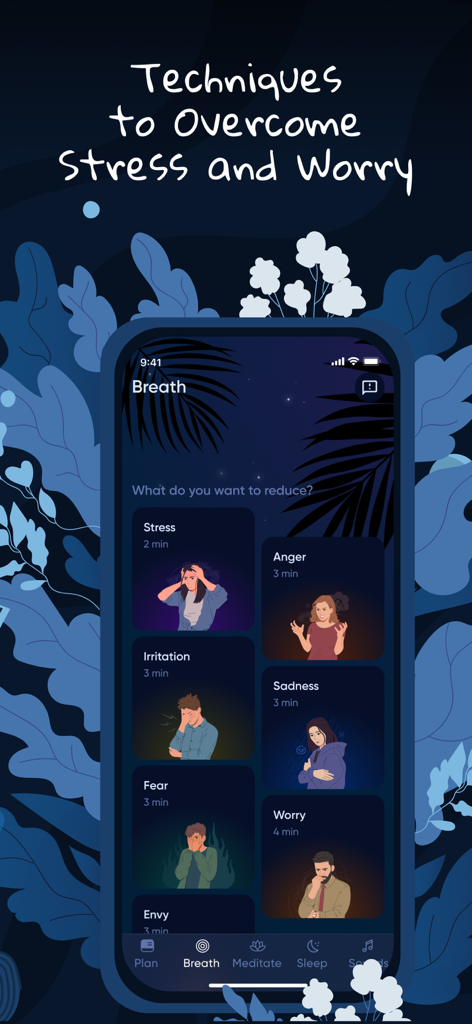 BetterMe: Mental Health - Schermata dell'app BetterMe che mostra tecniche di respirazione per superare lo stress e le preoccupazioni