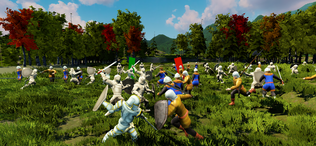 Medieval Lords - Taktische Schlachtszene in Medieval Lords, die Ritter in Rüstung auf einem grasbewachsenen Feld, umgeben von Bäumen, zeigt