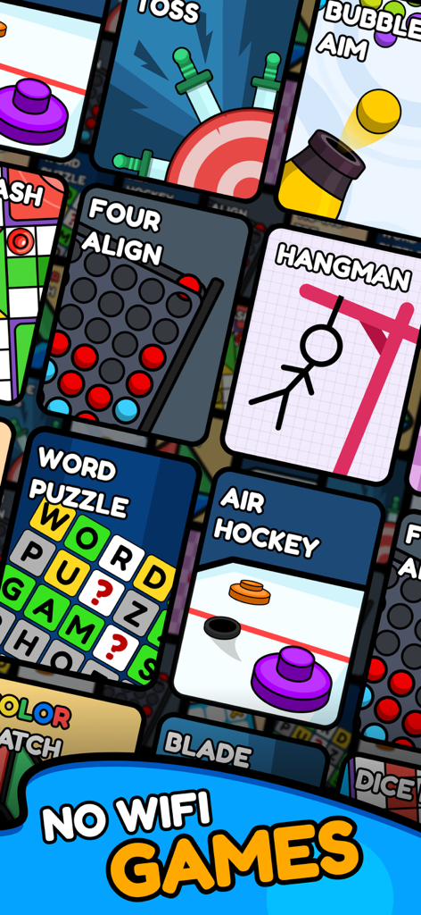 Offline Games - No WiFi Arcade - 행맨, 에어하키, 단어 퍼즐과 같은 다양한 오프라인 아케이드 게임을 보여주는 다채로운 그리드
