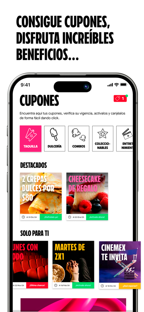 Interfaz móvil de la app de Cinemex que muestra la sección de cupones y recompensas con ofertas de comida y entradas