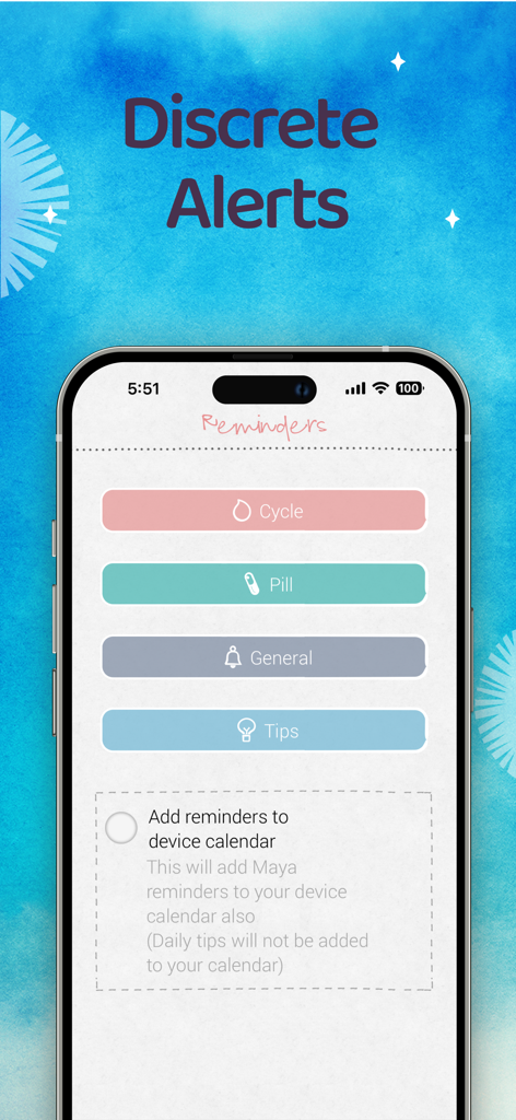 Maya app reminders screen showing options for cycle pill and health alerts