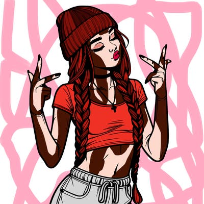 realistic teenage girl with braids and a beanie and crop top doing 🫶🏼