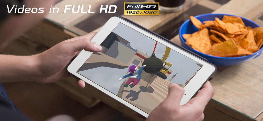 GameNet for - Human Fall Flat - A person watching a Full HD gameplay video of Human Fall Flat on a tablet