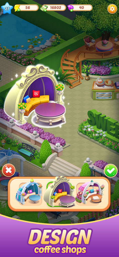 In game view of Merge Food showing furniture selection for an outdoor coffee shop renovation