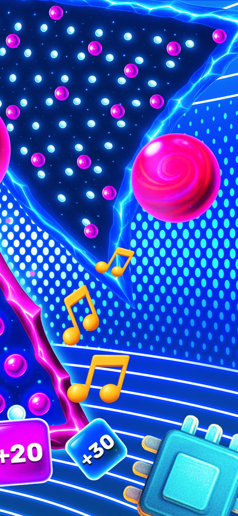 A vibrant neon interface displaying musical notes and point bonuses representing progress and achievements within the app.
