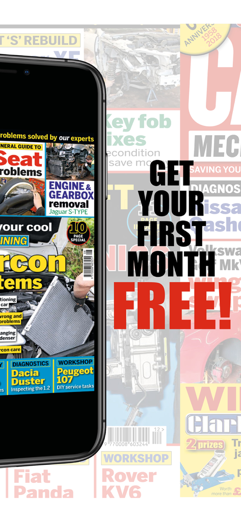Smartphone displaying Car Mechanics Magazine app with technical repair guides and a first month free promotional offer