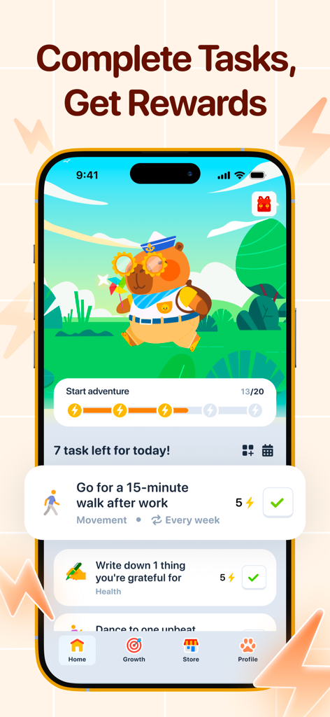 Capy: Self-Care Pet & Planner - Interface do aplicativo Capy mostrando uma lista de tarefas gamificada e um personagem capivara fofo.