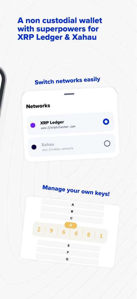 Xaman: XRP Ledger Wallet - Xaman app interface showing network switching between XRP Ledger and Xahau along with self-custody key management.