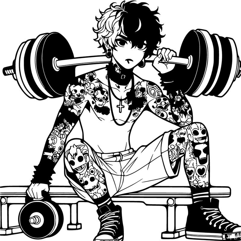 anime boy emo with tattos no shirt wearing shorts at the gym lots of tattos and piercings and he has curly hair and hes sitting lifting a 120 pound weights each hand and hes a teen