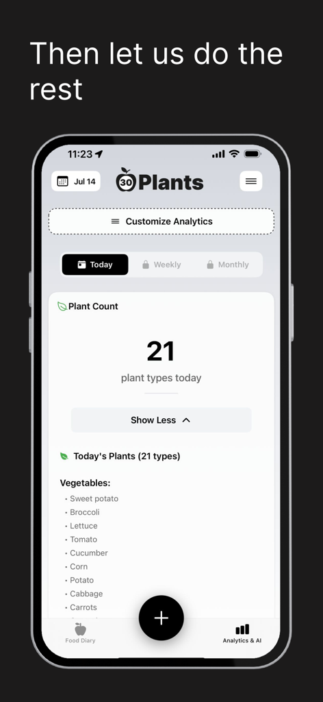 30 PLANTS: Eat Better - Dashboard of the 30 PLANTS app showing a daily count of twenty one plant types and a list of tracked vegetables