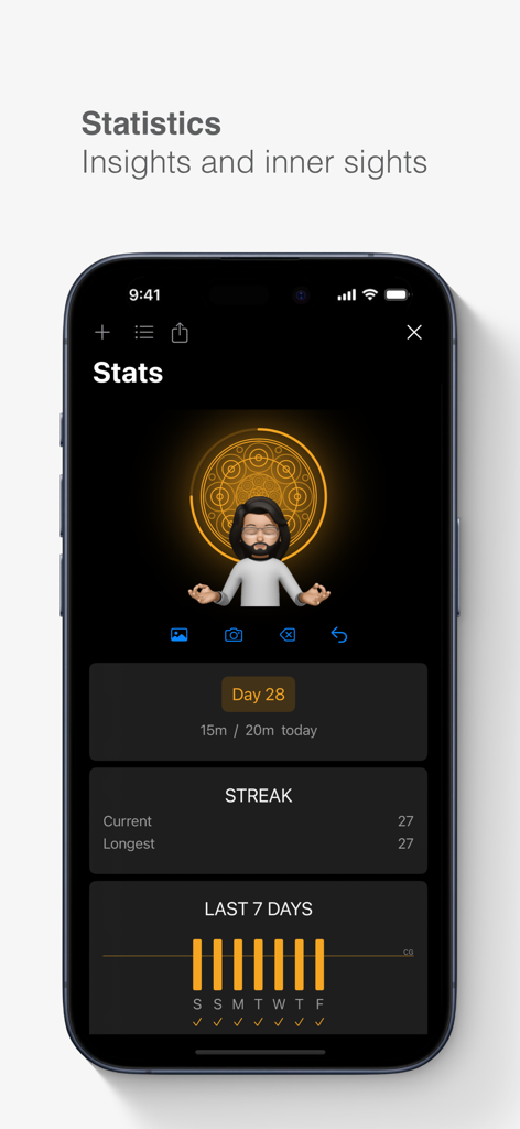 Statistics dashboard of the Meditate app displaying meditation streaks and a weekly progress bar chart