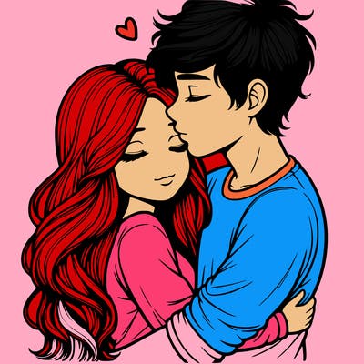 a realistic couple boy and girl hugging and kissing