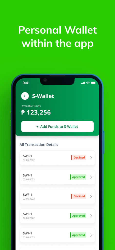 Salveowell - Interface of the Salveowell app showing the S-Wallet feature and transaction history.