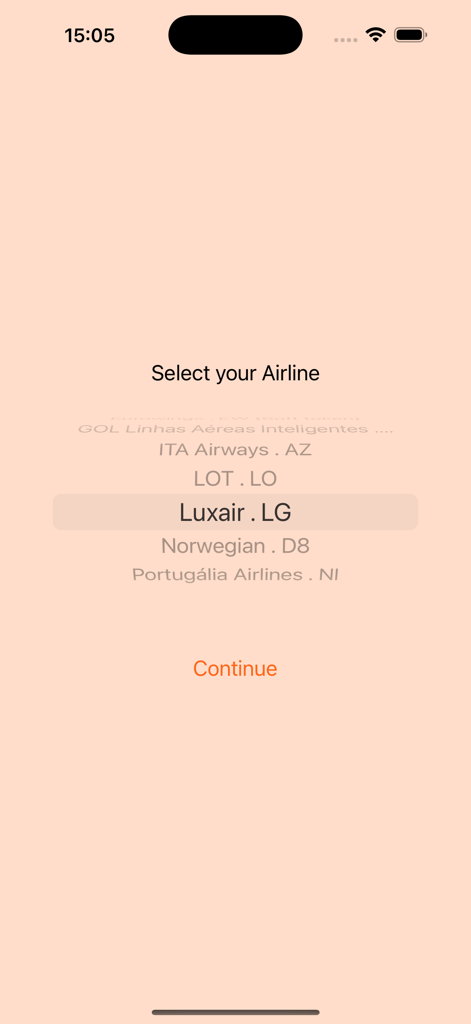 Interfaccia dell'app RosterX che mostra la schermata di selezione della compagnia aerea con un elenco scorrevole di vettori come Luxair e Norwegian