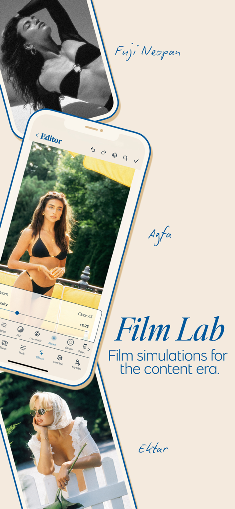 Colortone mobile app displaying Film Lab vintage film simulations for content creators.