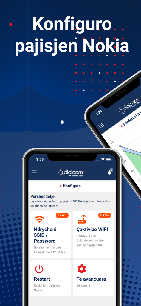 Digicom UP - Interfaz de la aplicación Digicom UP para la configuración de dispositivos Nokia que muestra opciones para cambiar la contraseña de Wi-Fi y reiniciar el enrutador.