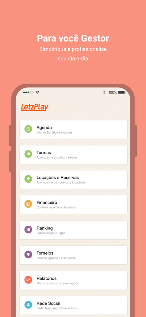 LetzPlay.me - LetzPlay app interface for sports managers showing administrative tools like scheduling and financial reports